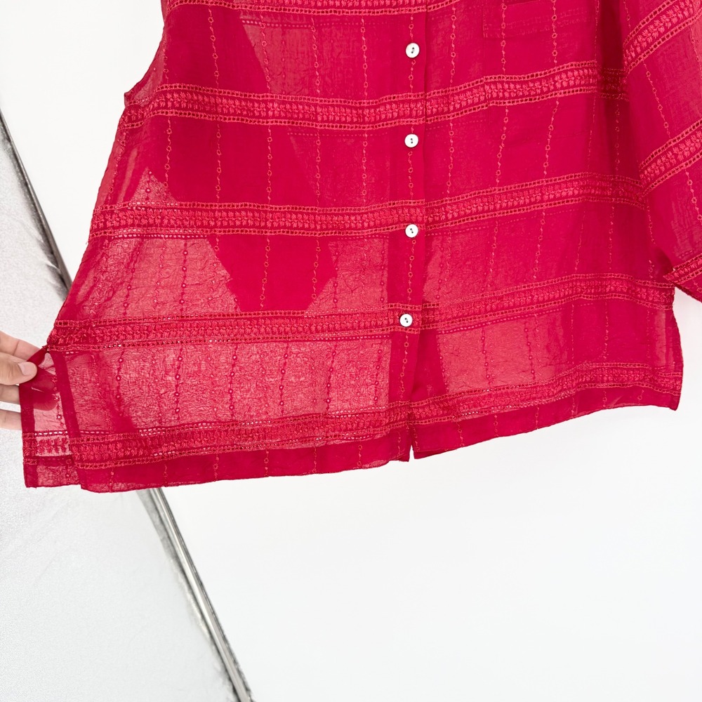 Vintage Chicos Semi-Sheer Embroidered Button Front Boxy Top Red Size 3(XL) Artsy - Picture 3 of 10